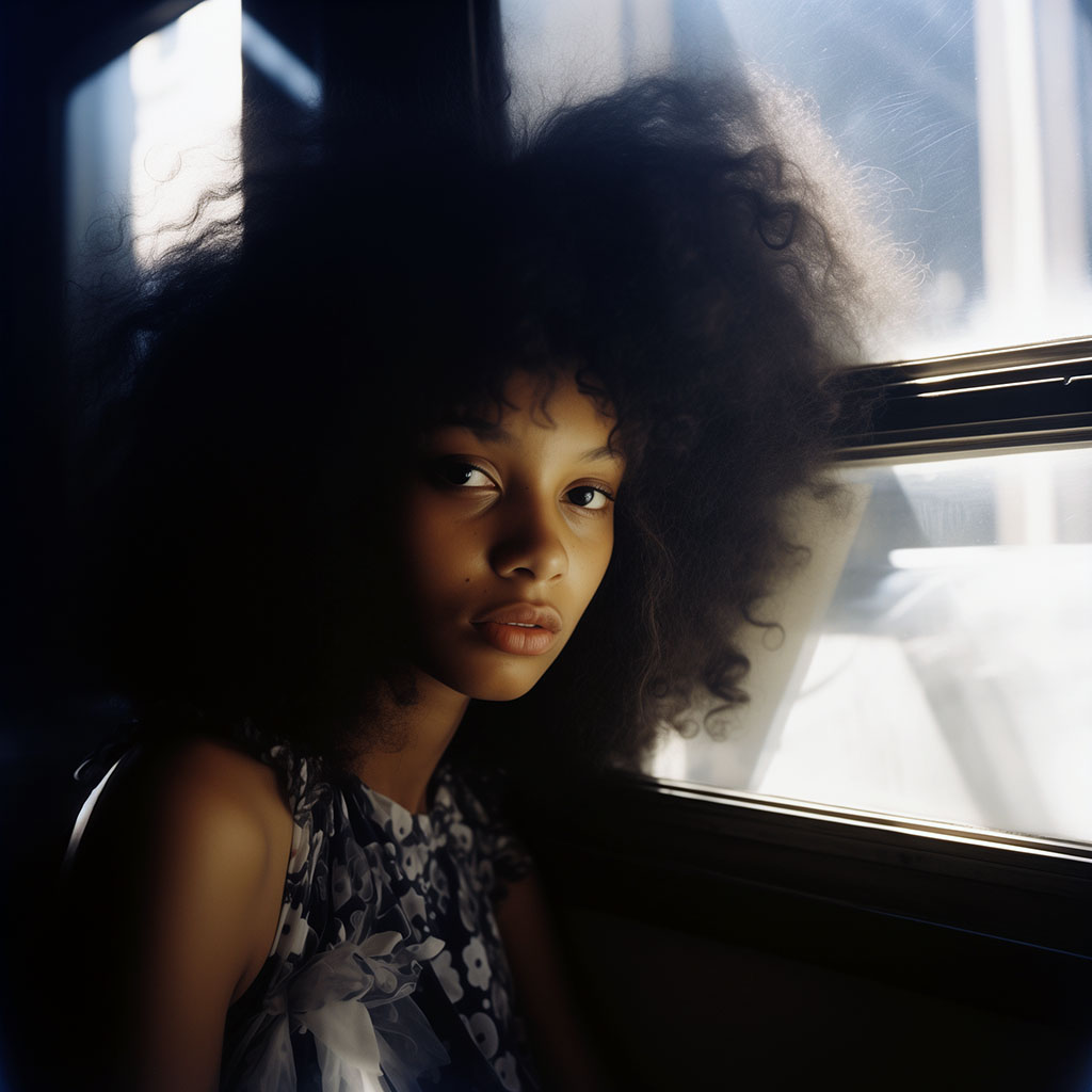 Forrás: Gróf József / Midjourney waoe close up portrait of a black girls sunhsine through the wi